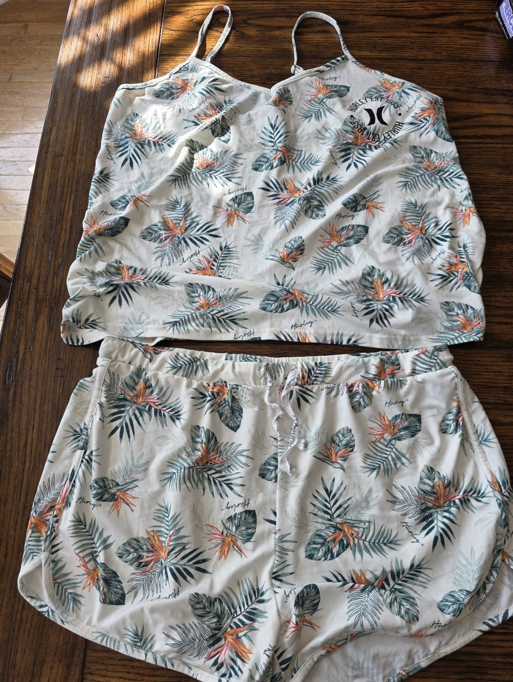 Hurley Tropical Print Tank & Short Set in Cream with Green & Coral
